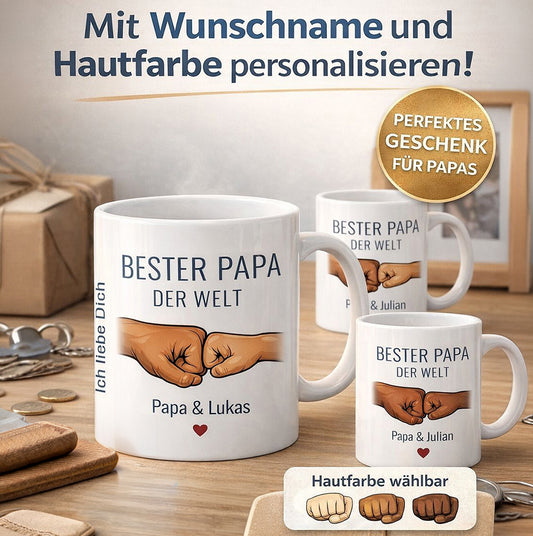 Bester Papa der Welt Tasse - Faust an Faust personalisiert mit Namen