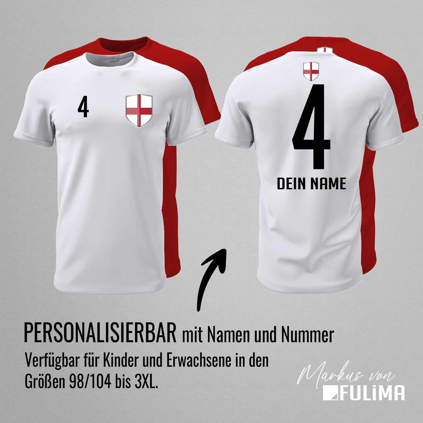 England Shirt mit Wappen und individueller Nummer & Name - FULiMA®