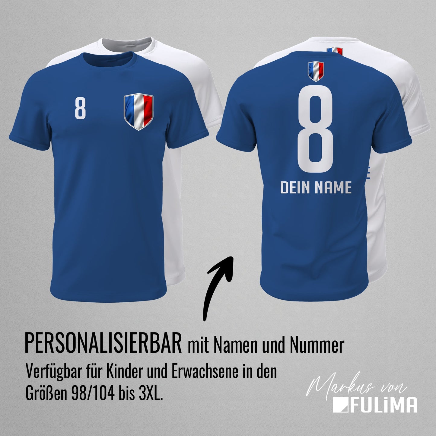 Frankreich Shirt mit Wappen und individueller Nummer & Name - FULiMA®
