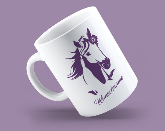 Pferdekopf Tasse mit Blumen personalisiert mit Namen - Fulima