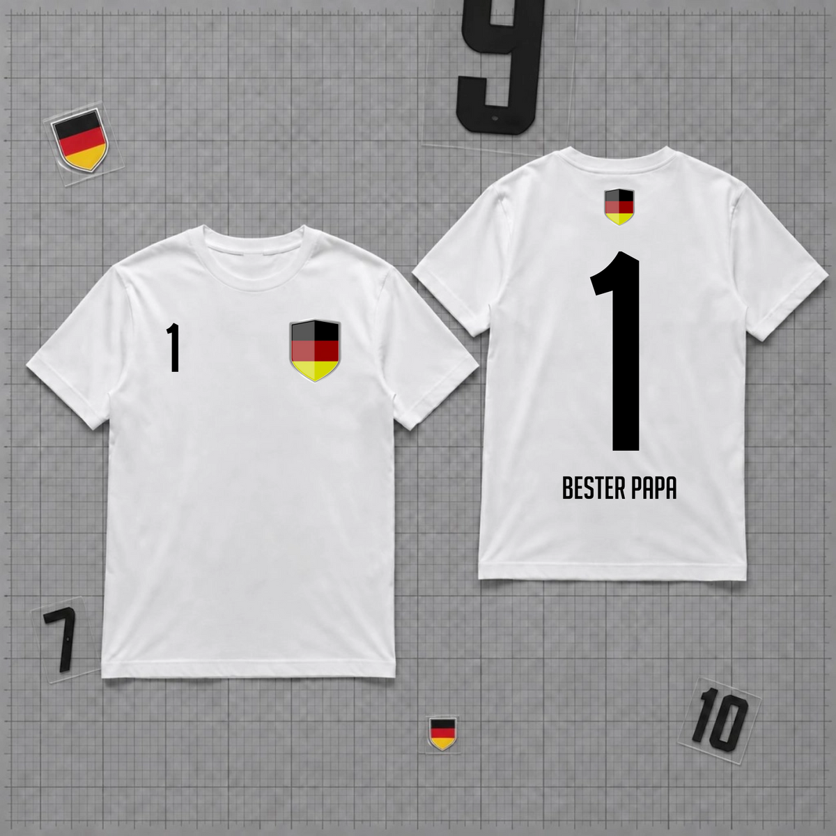 Deutschland personalisiertes Fan-Shirt in Weiß mit der Wunschnummer 1 und den Wunschname bzw. Wunschtext Bester Papa als Personalisierungsbeispiel