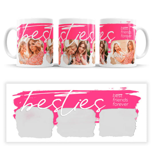 Personalisierte Fototasse für beste Freundinnen mit Besties Design und drei Fotos