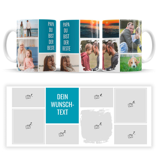 Personalisierte Fototasse mit sieben Fotos und Wunschtext im Erinnerungsmomente Design in Blau