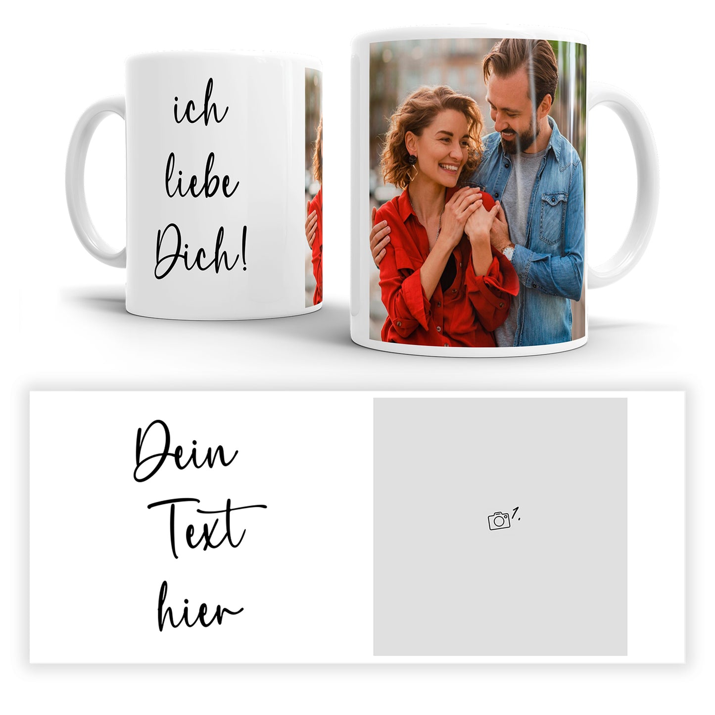 Personalisierte Fototasse mit vertikalem Foto und Wunschtext in Schreibschrift