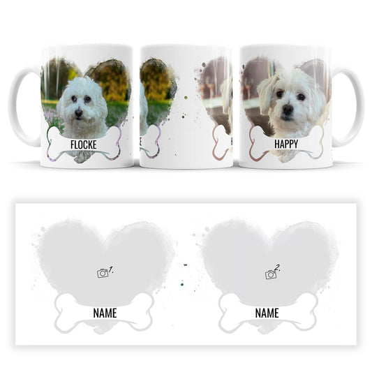 Personalisierte Fototasse mit Herzenshund Motiv, Knochen und Name im Rundumdruck