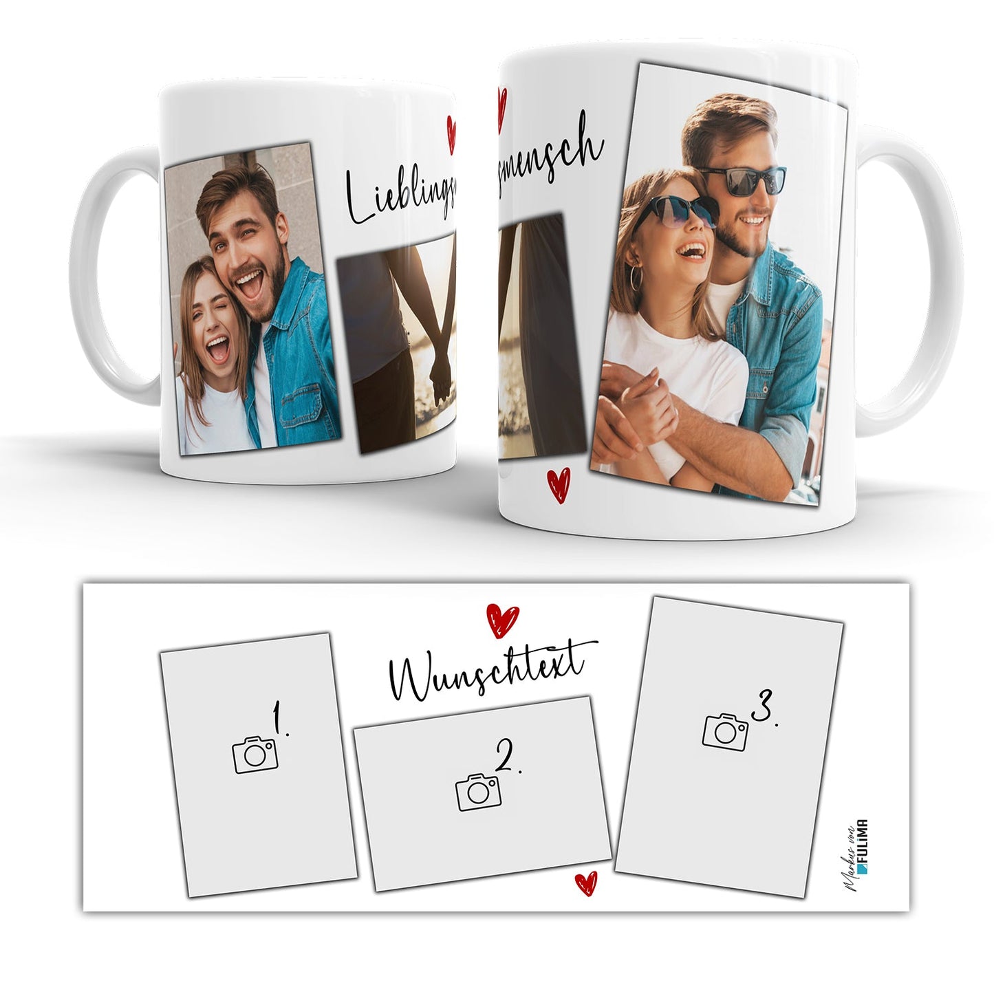 Detailansicht der Lieblingsmensch Fototasse mit Herzdetails und Wunschtext