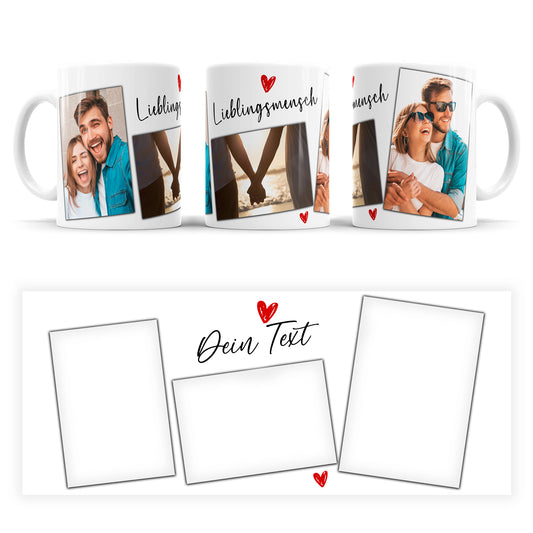 Personalisierte Fototasse mit drei Fotos und Wunschtext im Lieblingsmensch Design
