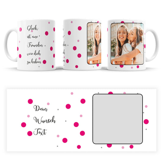 Personalisierte Fototasse mit Foto und Wunschtext im rosa-pinken-Punktdesign