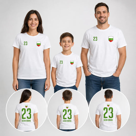 Personalisiertes Bulgarien Fan-Shirt in Weiß und Rot mit Name, Nummer und Wappen