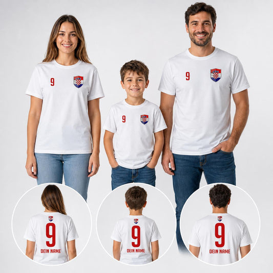 Familie mit personalisierten Kroatien Fan-Shirts und Rückenansichten mit Wunschname und Nummer
