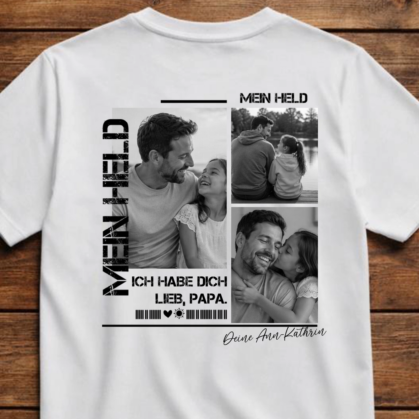 Personalisiertes Papa Shirt mit Foto Rückenprint - Mein Held - Weiss