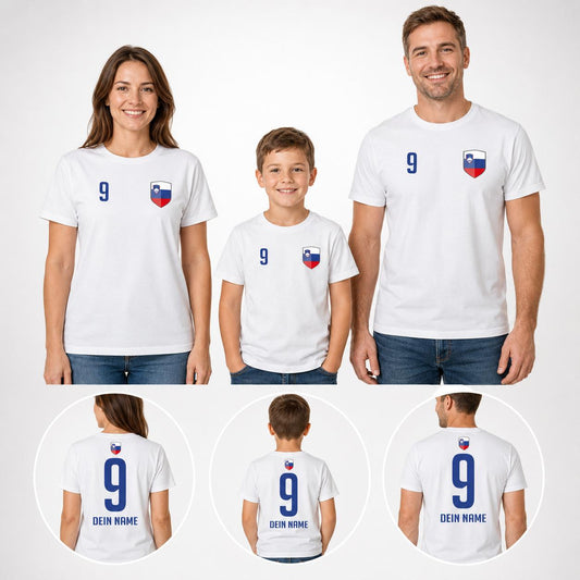 Slowenien Fan-Shirts für Kinder und Erwachsene mit personalisiertem Rückenaufdruck und Wappen