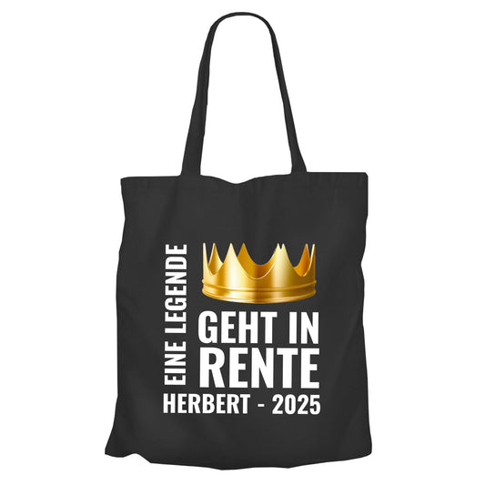 Jutebeutel Renter - Eine Legende geht in Rente - Krone mit Namen - Geschenk zur Rente Schwarz - Fulima