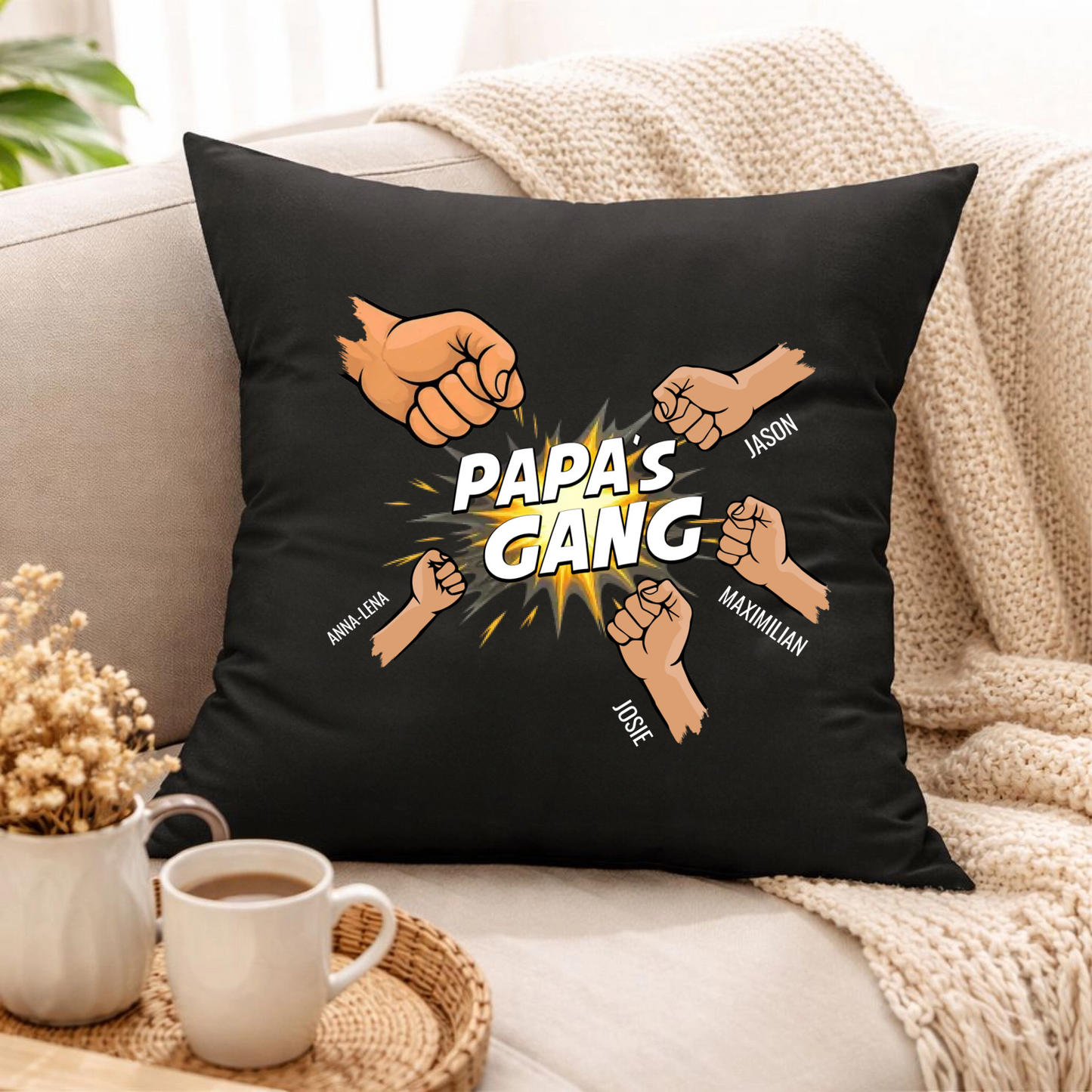 Personalisiertes Papa Kissen mit Namen - Papas Crew mit Kinderfäusten (bis zu 5 Kinder)
