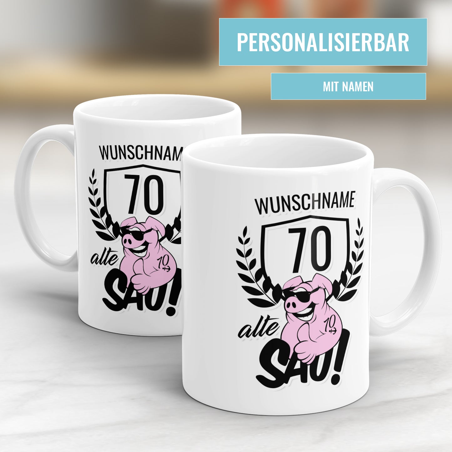 Alte Sau 70 personalisiert mit Namen - 70 Geburtstag Tasse