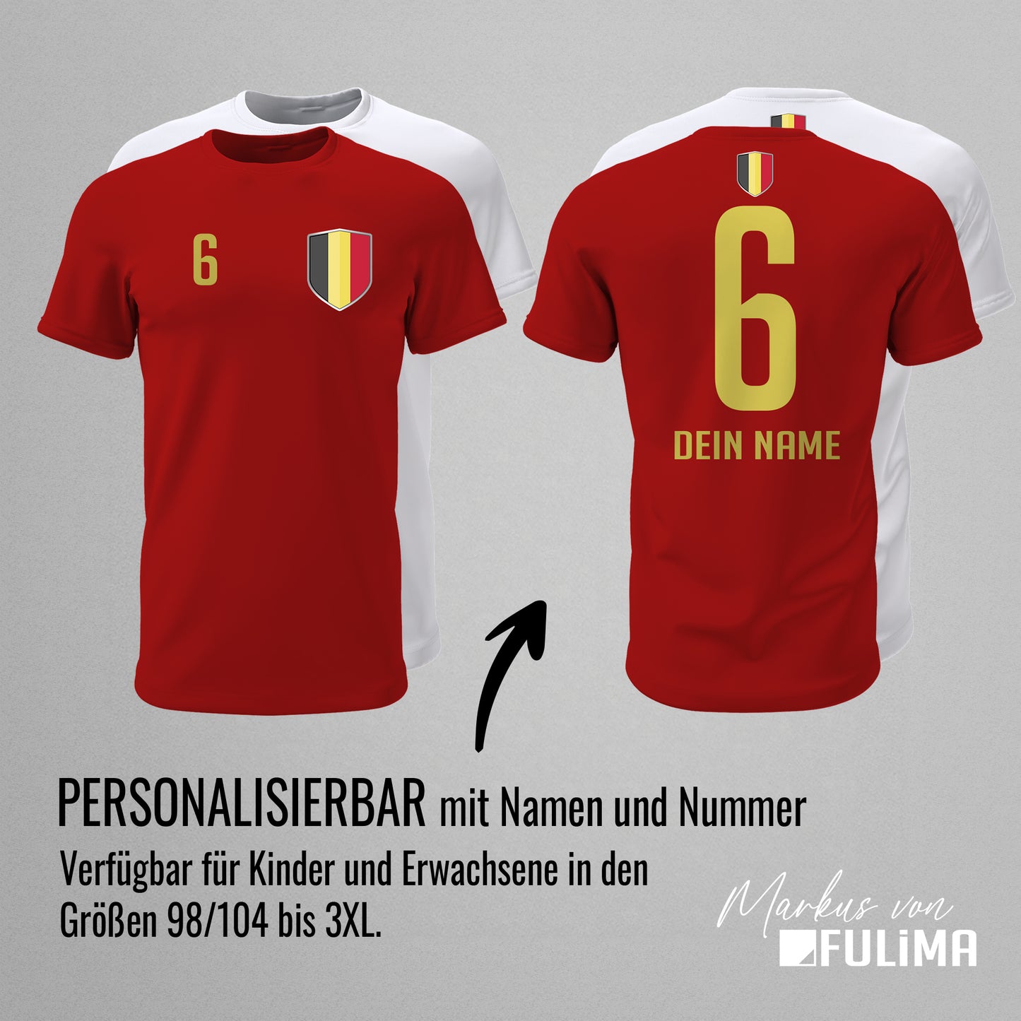 Belgien Shirt mit Wappen und individueller Nummer & Name