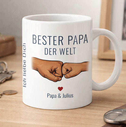Bester Papa der Welt Tasse - Faust an Faust personalisiert mit Namen