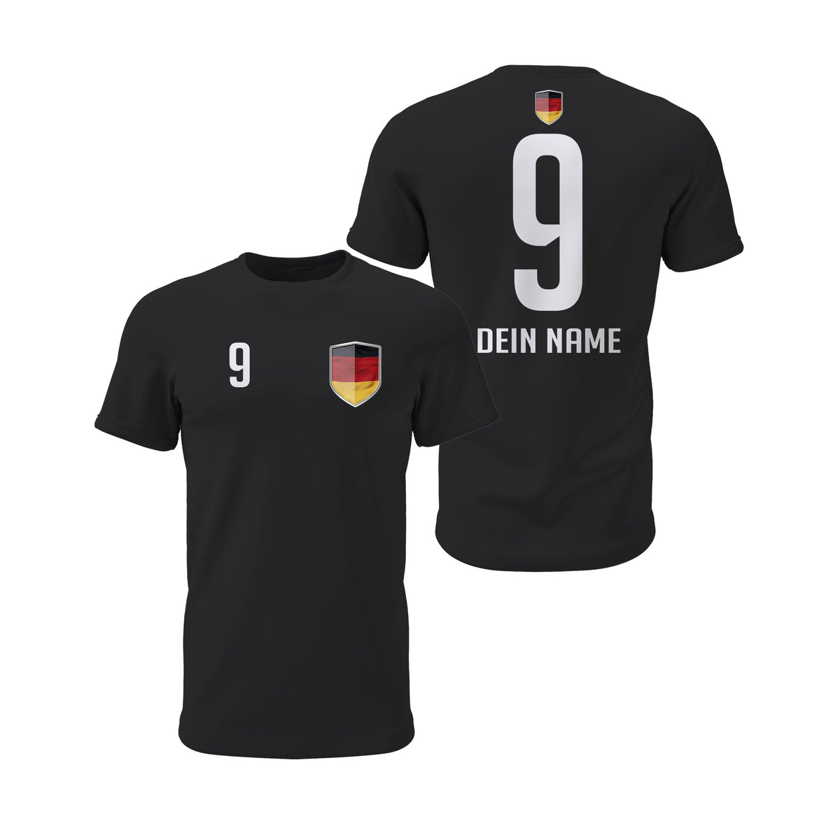 Schwarzes Deutschland-Shirt mit Wappen, Wunschnummer und Name in Vorder- und Rückansicht