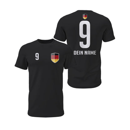 Schwarzes Deutschland-Shirt mit Wappen, Wunschnummer und Name in Vorder- und Rückansicht