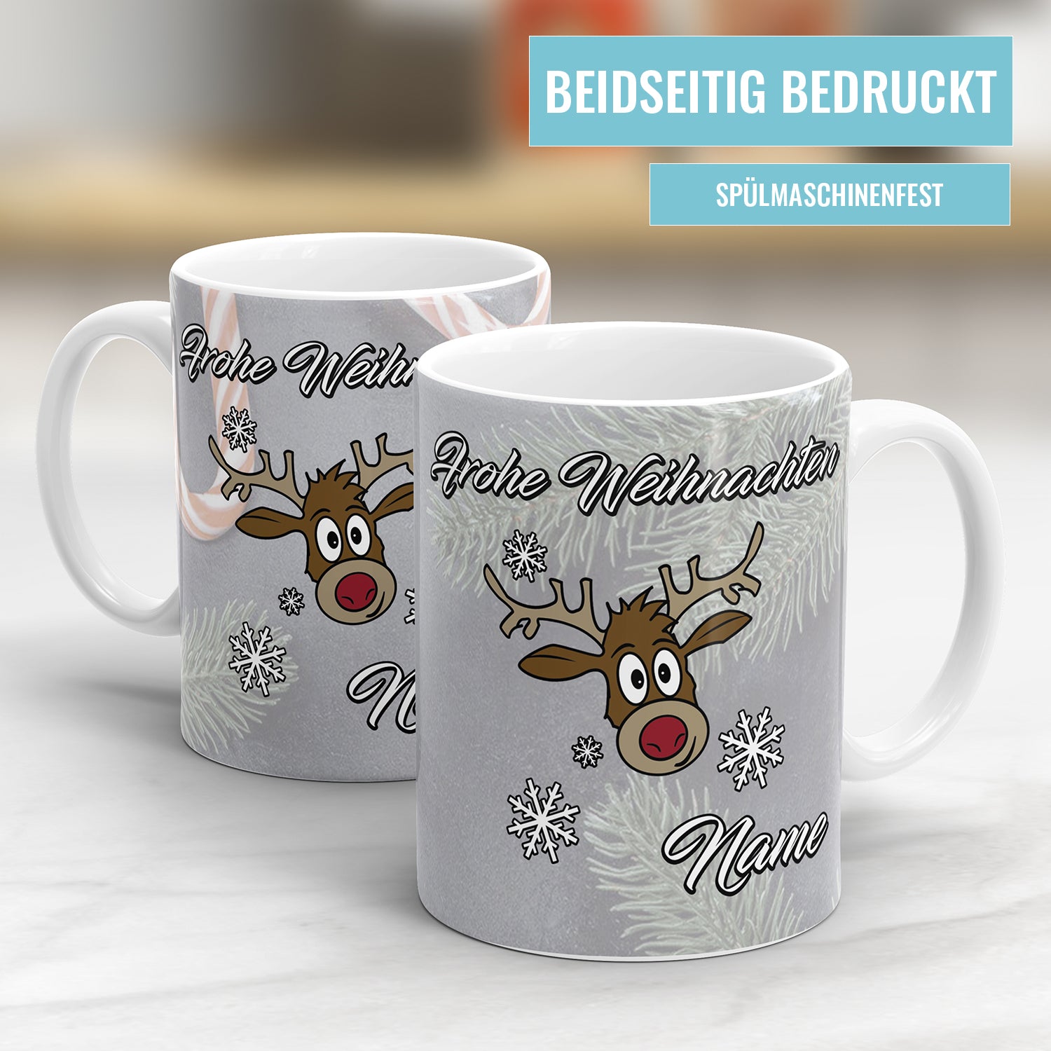 Frohe Weihnachten Rudolf Rentier mit Schneeflöckchen und Name Weihnachtstasse Fulima