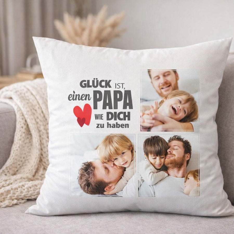 Papa Kissen personalisiert mit 3 Fotos - „Glück ist, einen Papa wie dich zu haben“