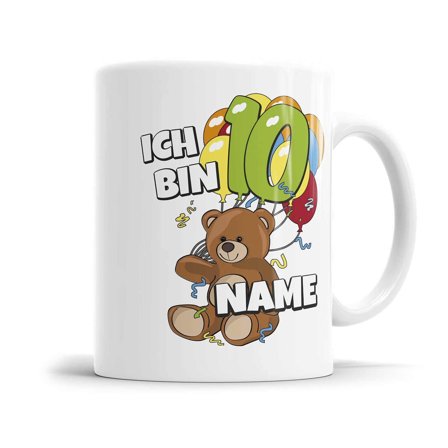 Teddy mit Luftballons Tasse zum 10. Geburtstag – Mit Namen des Geburtstagskindes - Fulima
