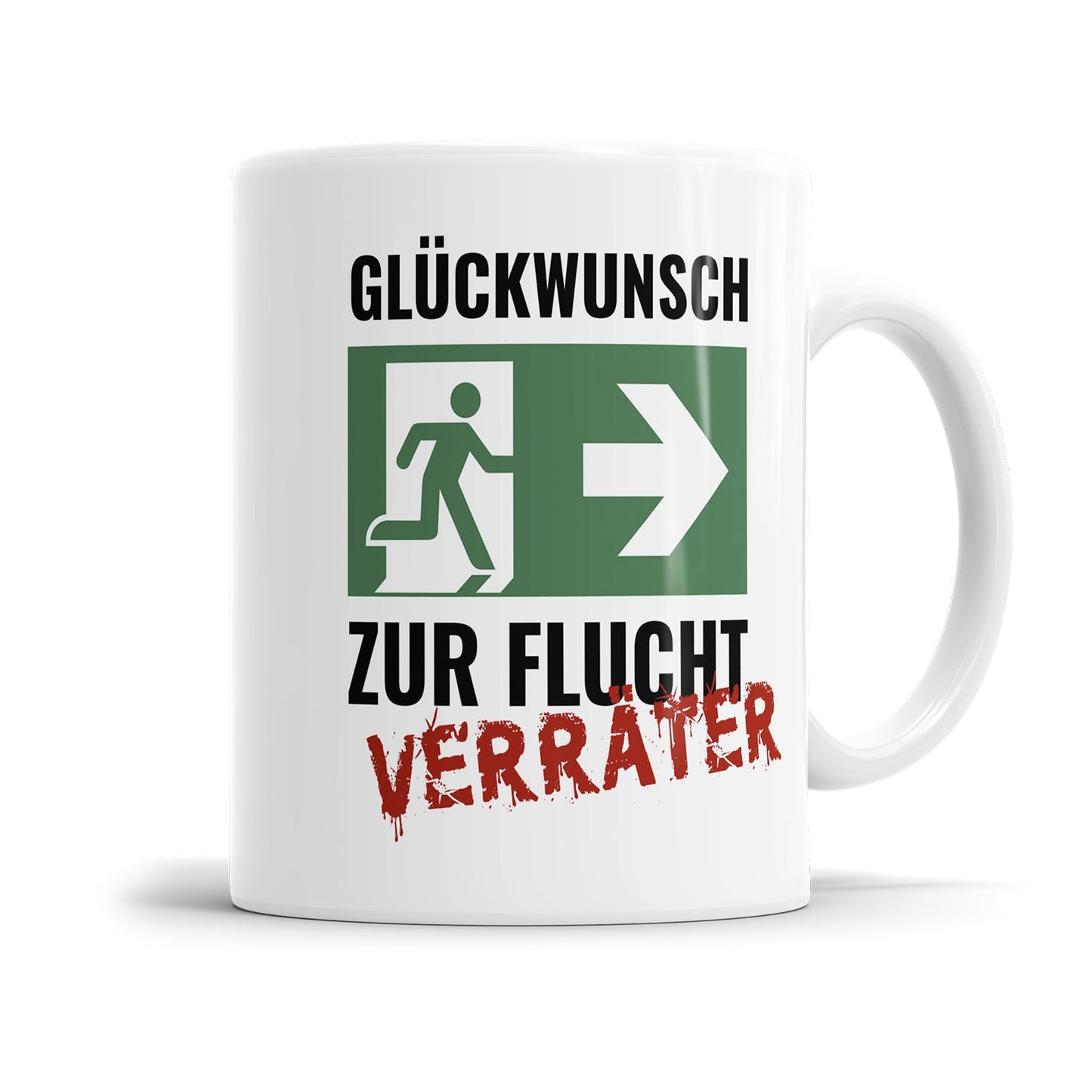 Humorvolle Abschiedstasse mit Notausgang Motiv