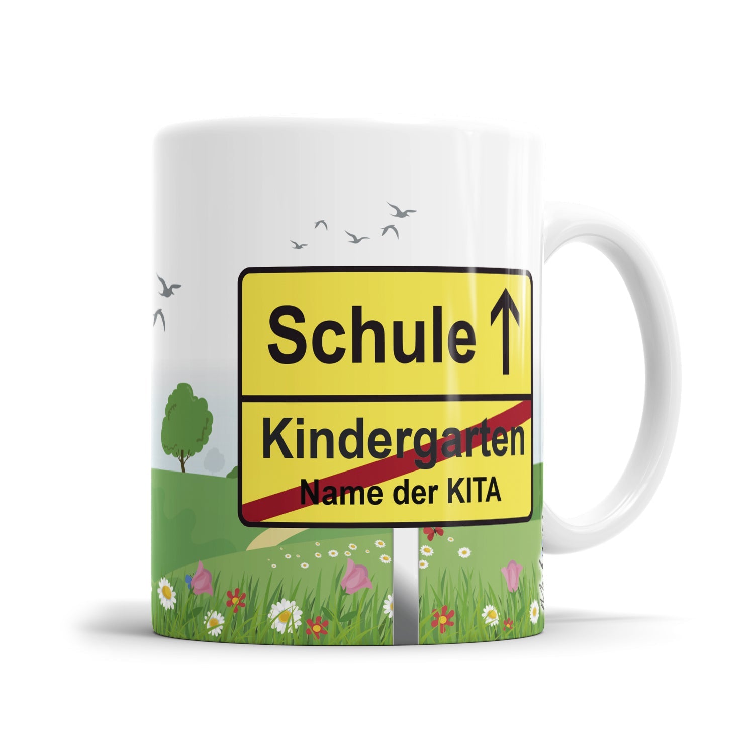 Kindergarten Abschied Tasse mit Ortswechselschild und personalisiertem Kita Namen