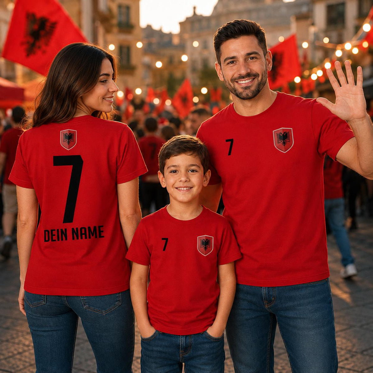 Personalisierbares Albanien Fan-Shirt für die ganze Familie mit Wunschname und Wunschnummer