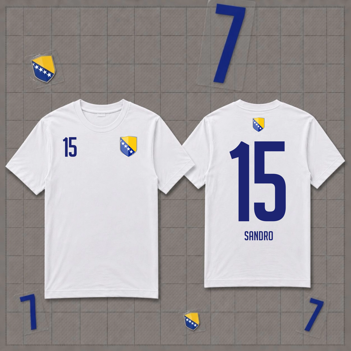 Personalisiertes Bosnien Herzegowina Fan-Shirt in Weiß mit dem Wunschnamen Sandro und der Wunschnummer 15