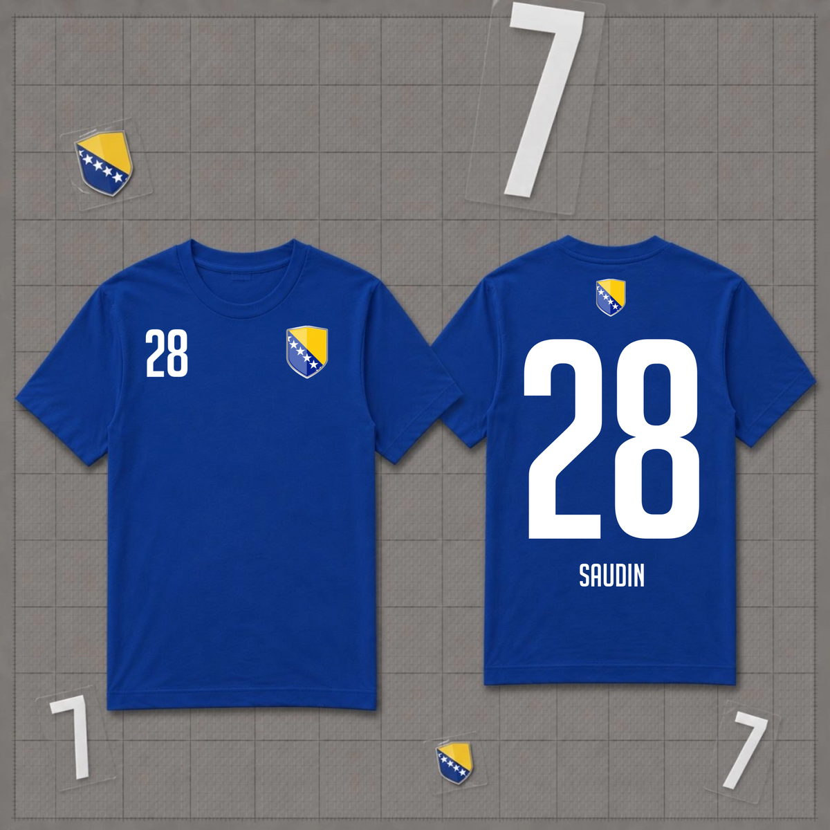 Personalisiertes Bosnien Herzegowina Fan-Shirt in Blau mit dem Wunschnamen Saudin und der Wunschnummer 28