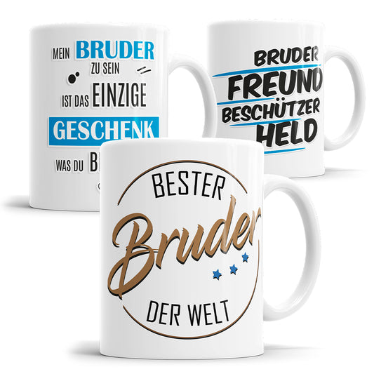 Übersicht verschiedener Bruder Tassen mit Spruchmotiven