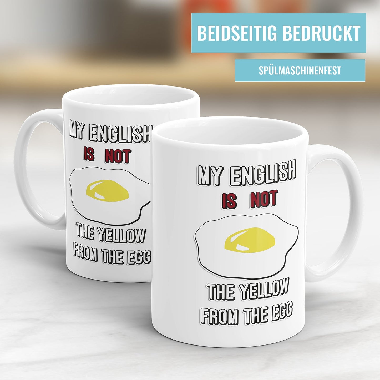 Beidseitig bedruckte Denglisch Tassen mit humorvollen Sprüchen