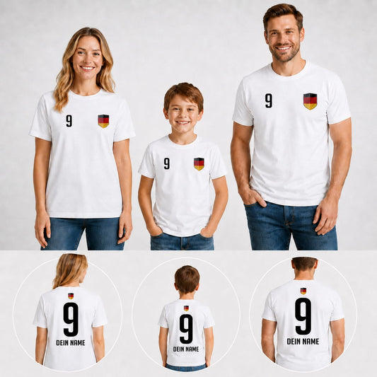 Personalisiertes Deutschland-Shirt mit Wappen, Wunschname und Nummer für Kinder und Erwachsene