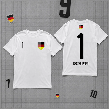 Deutschland personalisiertes Fan-Shirt in Weiß mit der Wunschnummer 1 und den Wunschname bzw. Wunschtext Bester Papa als Personalisierungsbeispiel