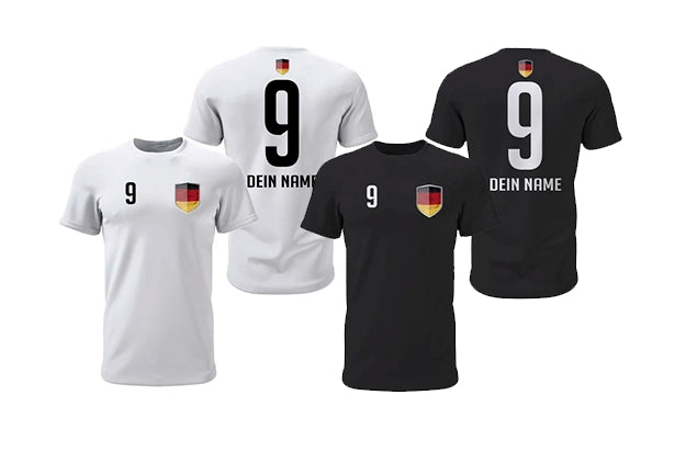 Deutschland Fan-Shirts in Schwarz und Weiß mit Wappen, Wunschname und Nummer für Kinder und Erwachsene