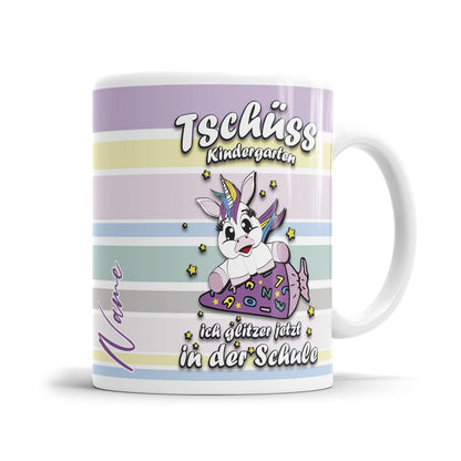 Tasse zur Einschulung mit Einhorn Motiv und Name 