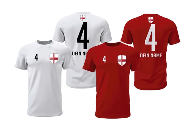 Personalisierte England Fan-Shirts in Weiß und Rot für die ganze Familie