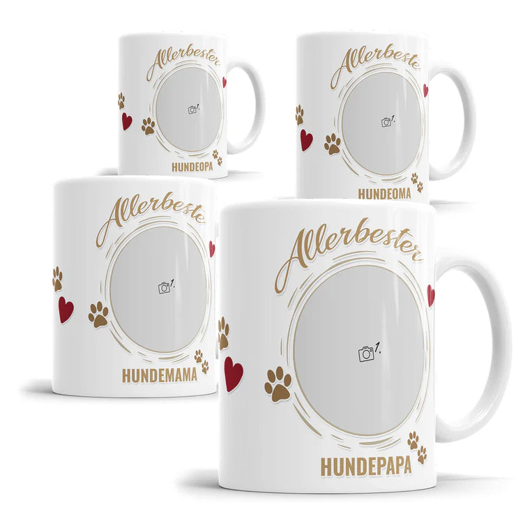 Personalisierte Fototasse für Hundepapa - Hundemama - Hundeopa oder Hundeoma mit gemeinsamen Foto von Hund und Besitzer - Alle 4 Varianten auf einem Blick