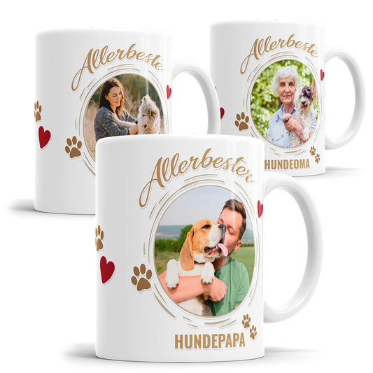 Fototassen mit gemeinsamem Foto von Hund und Hundebesitzer als persönliches Geschenk