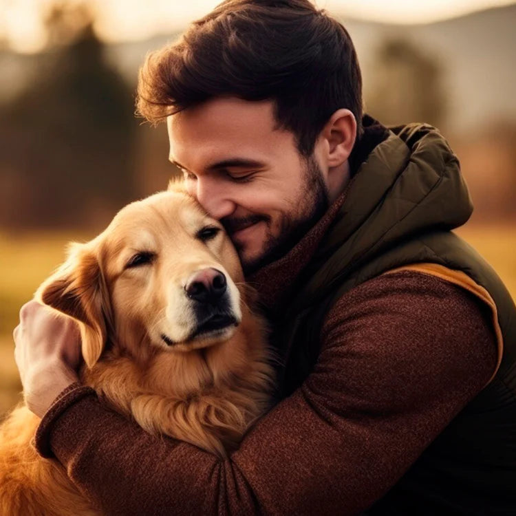 Personalisierte Fototasse für Hundepapa - Hundemama - Hundeopa oder Hundeoma mit gemeinsamen Foto von Hund und Besitzer - Mann umarmt Hund Foto