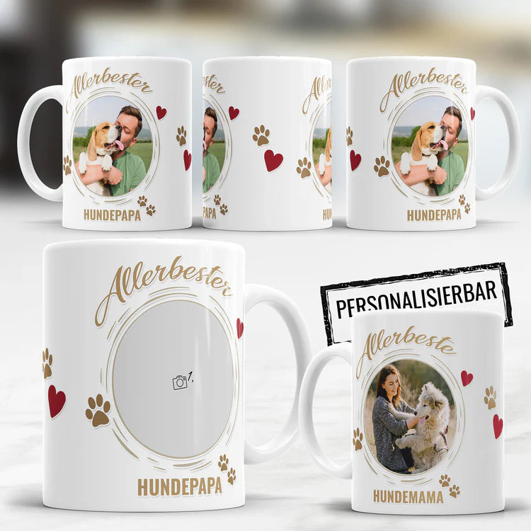 Personalisierte Fototasse für Hundepapa - Hundemama - Hundeopa oder Hundeoma mit gemeinsamen Foto von Hund und Besitzer -Detail Vorschau