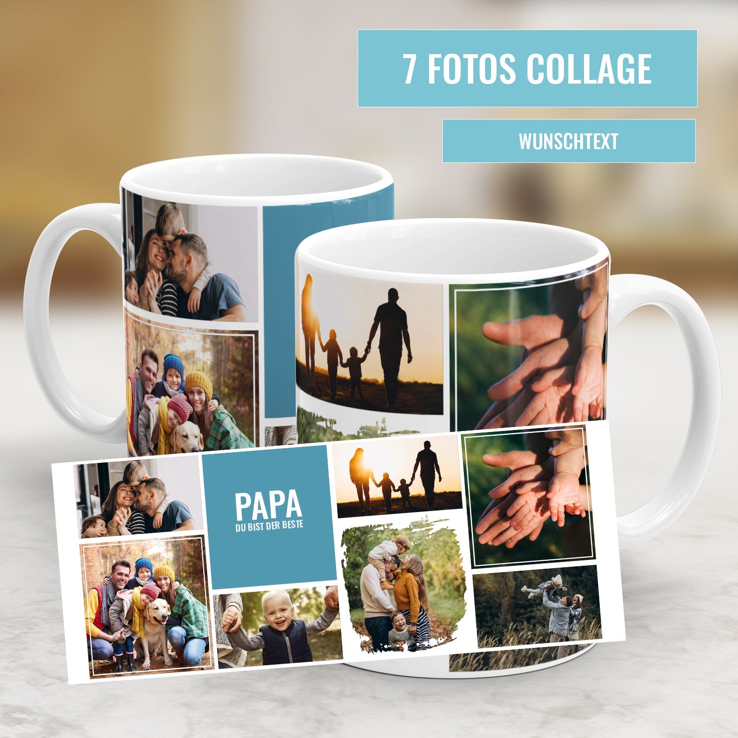 Fototasse mit sieben Fotos und individuellem Wunschtext als Erinnerungsgeschenk