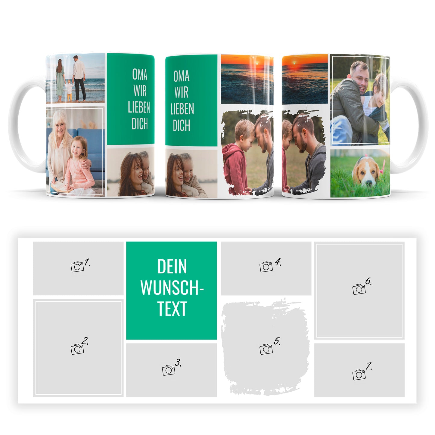 Personalisierte Fototasse mit sieben Fotos und Wunschtext auf grünem Hintergrund