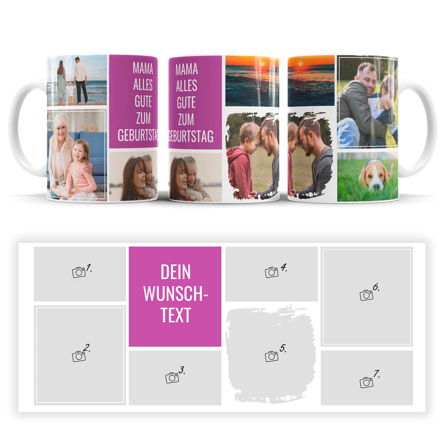 Personalisierte Fototasse mit sieben Fotos und Wunschtext auf pinkem Hintergrund