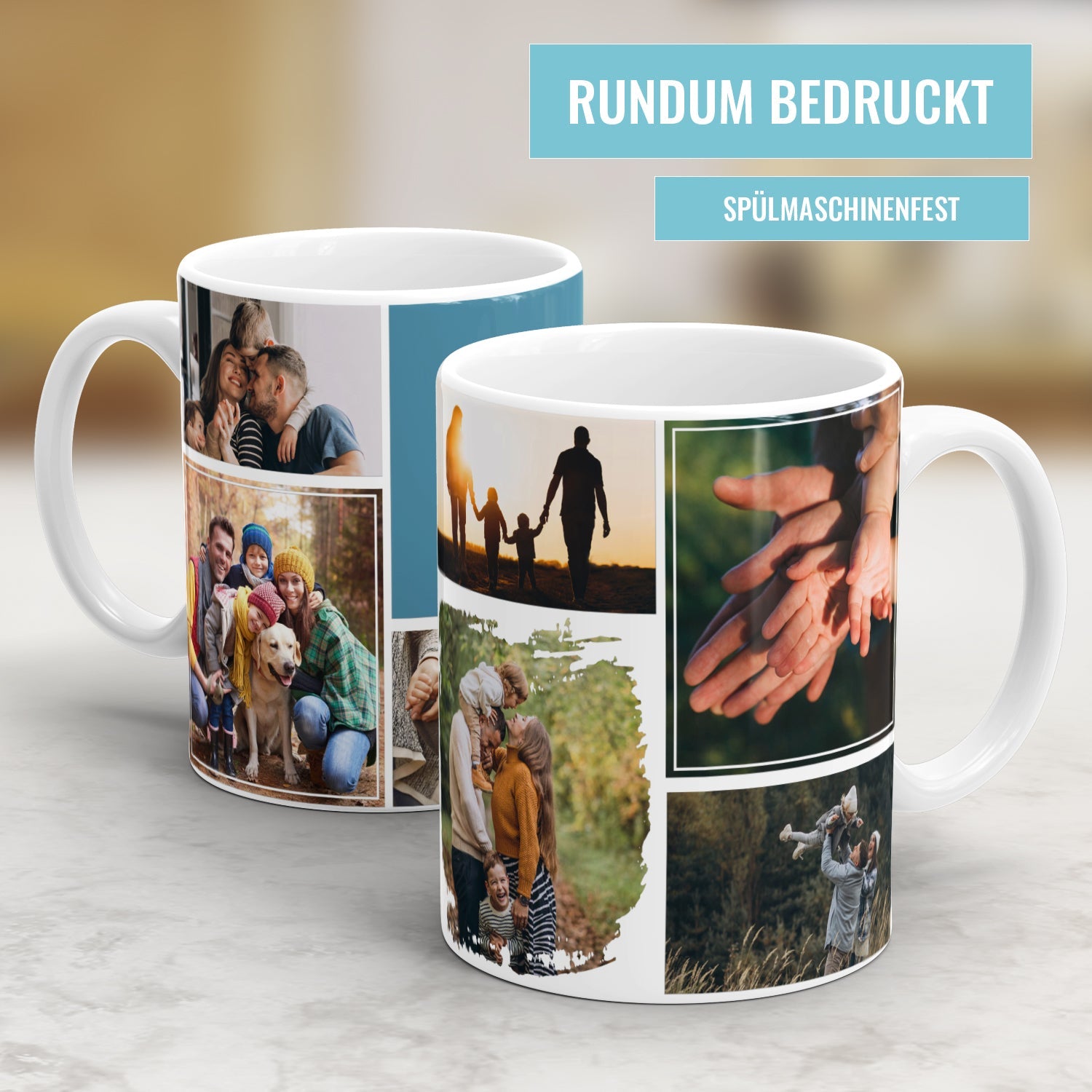 Rundum bedruckte Fototasse mit sieben Fotos im Erinnerungsmomente Design