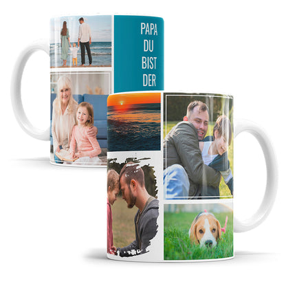 Beidseitig bedruckte Fototasse mit sieben Fotos Collage und Wunschtext Produktbild