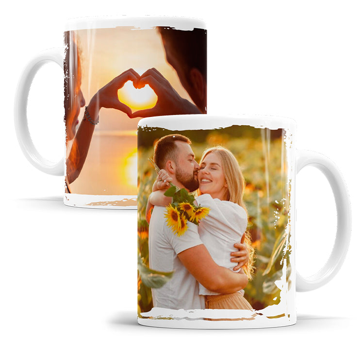 Personalisierte Fototasse mit zwei Fotos im Grunge Design und Rundumdruck Produktbild