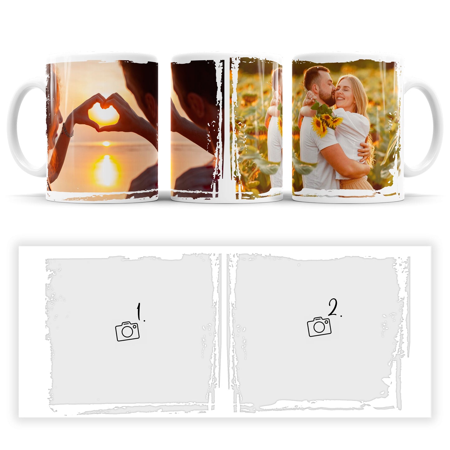 Personalisierte Fototasse mit zwei Fotos im Grunge Design und Rundumdruck