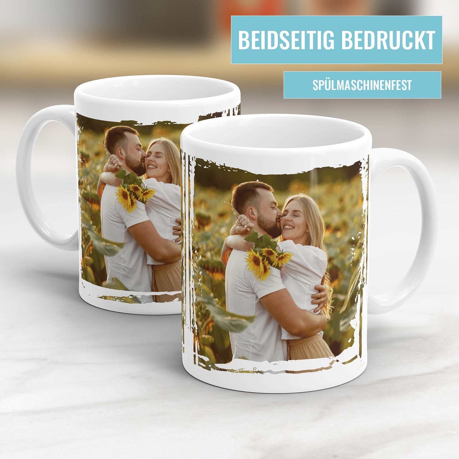 Beidseitig bedruckte Fototasse mit zwei Fotos im modernen Grunge Look